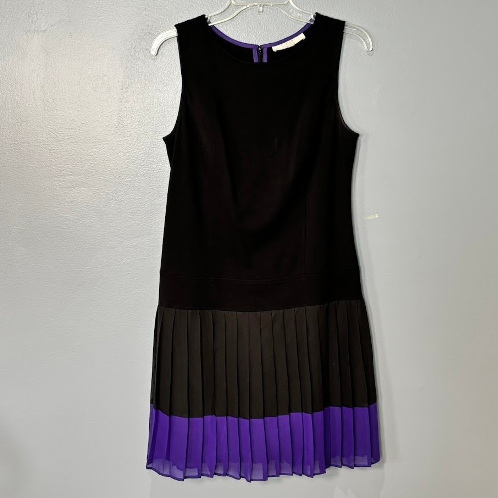 Loft Dress Womens 6 Black Purple Knit Pleated Hem Colorblock Shift Classic Chic